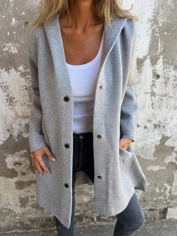 Women's Casual Hooded Single Breasted Cardigan in Solid Colors